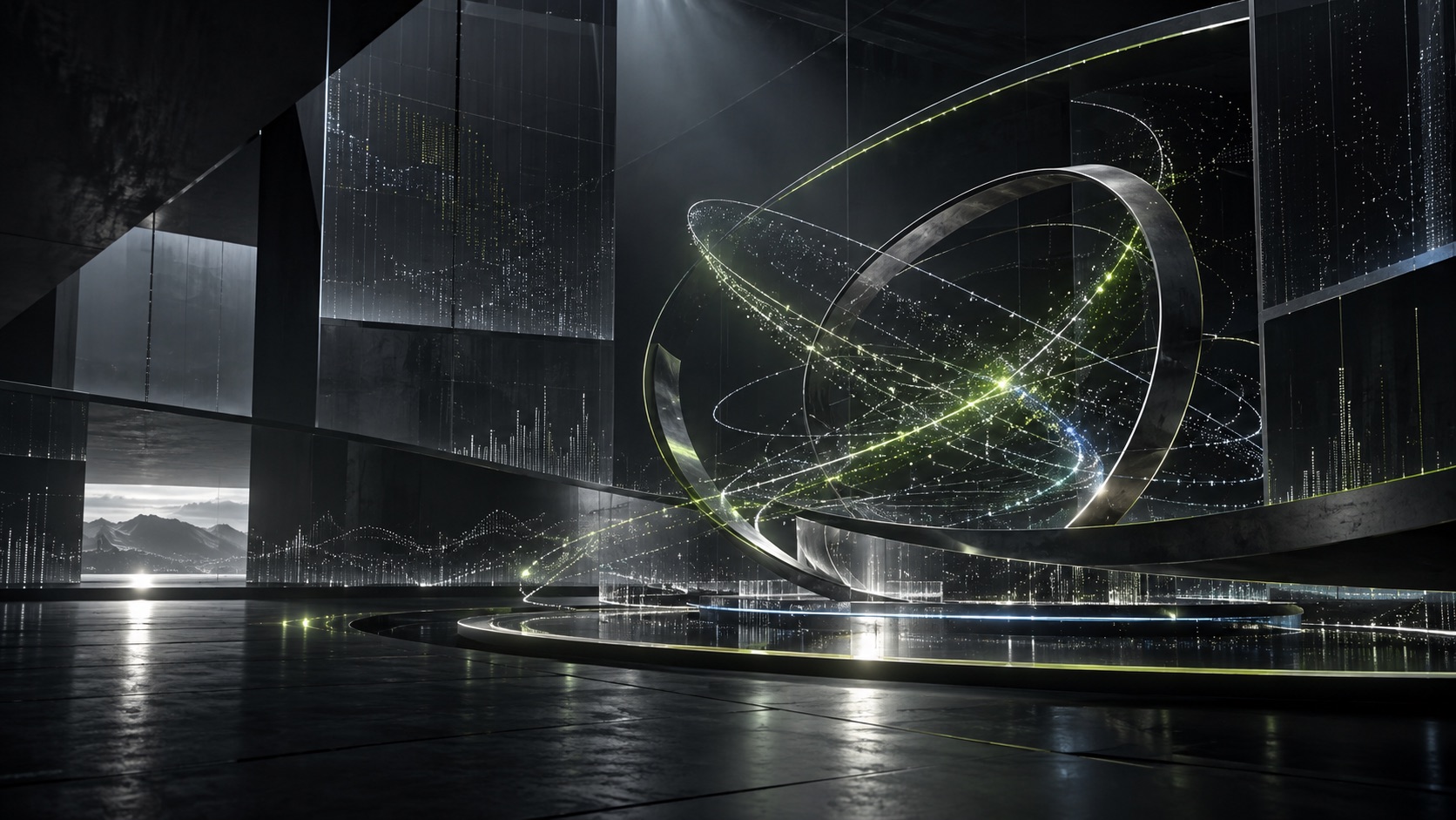 Luminous mathematical trajectories in a dark architectural research space